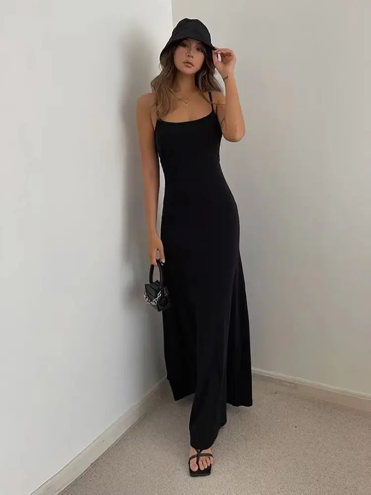 Women's Slim-Fit Halter Neck Midi Dress Elegant Bodycon Long Summer Dress Sexy Spaghetti Strap Beach Party Wear