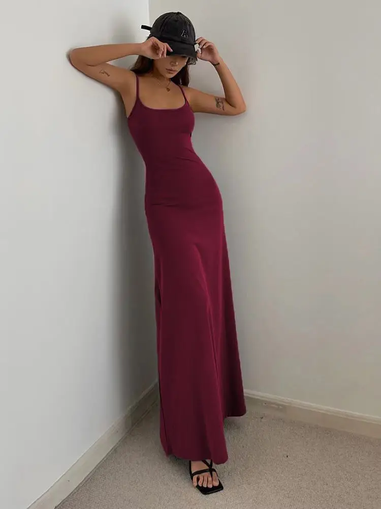 Women's Slim-Fit Halter Neck Midi Dress Elegant Bodycon Long Summer Dress Sexy Spaghetti Strap Beach Party Wear