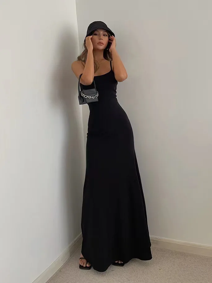 Women's Slim-Fit Halter Neck Midi Dress Elegant Bodycon Long Summer Dress Sexy Spaghetti Strap Beach Party Wear