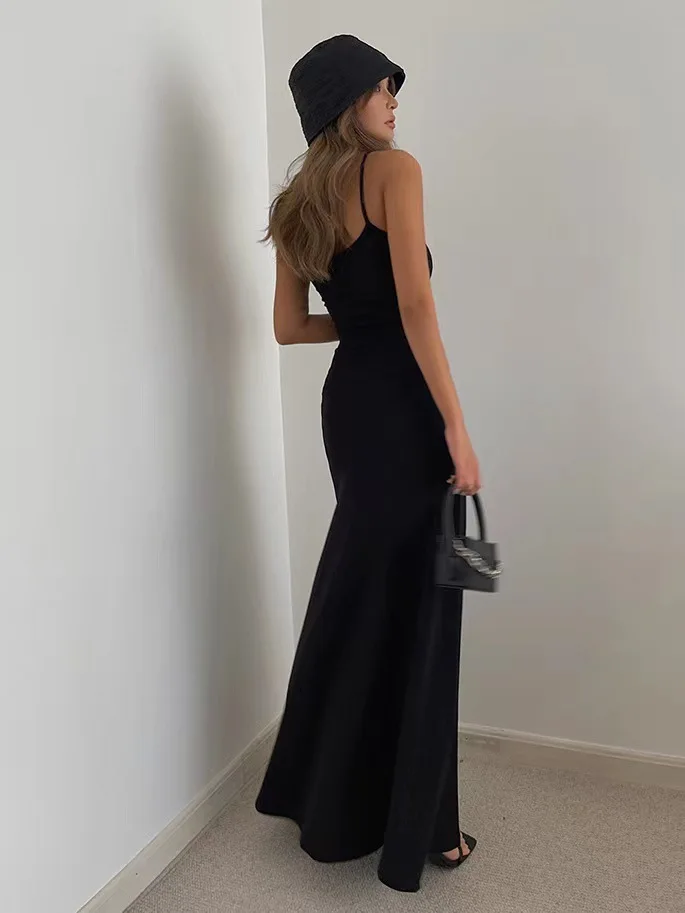 Women's Slim-Fit Halter Neck Midi Dress Elegant Bodycon Long Summer Dress Sexy Spaghetti Strap Beach Party Wear