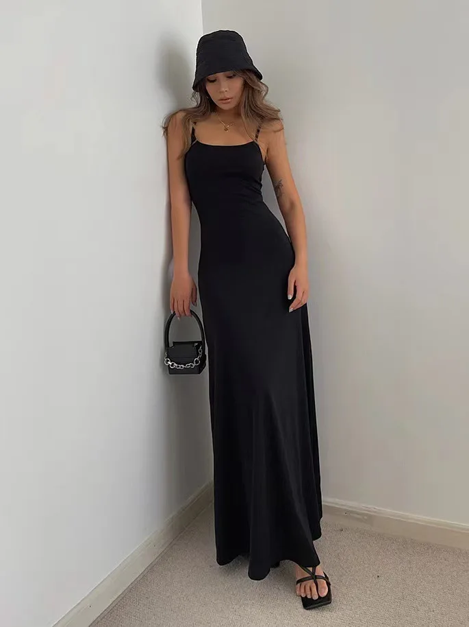 Women's Slim-Fit Halter Neck Midi Dress Elegant Bodycon Long Summer Dress Sexy Spaghetti Strap Beach Party Wear
