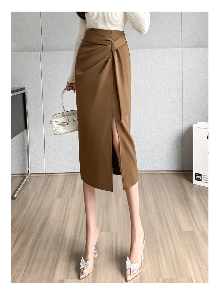 Seoulish Retro 2026 Spring Summer High Waist Mid Length Pencil Skirts Women New Office Lady Solid Color Wrapped Women's Skirts