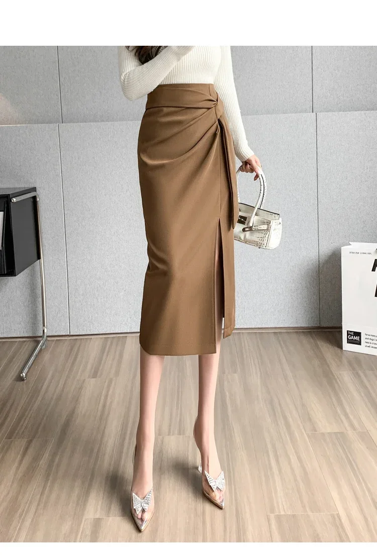 Seoulish Retro 2026 Spring Summer High Waist Mid Length Pencil Skirts Women New Office Lady Solid Color Wrapped Women's Skirts