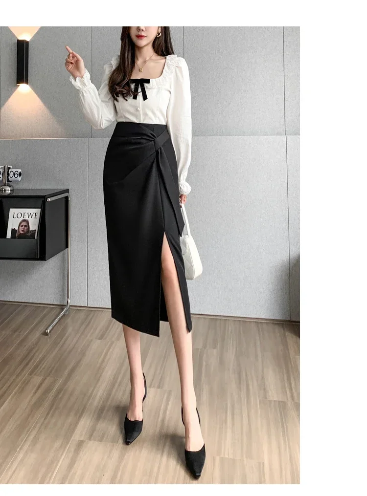 Seoulish Retro 2026 Spring Summer High Waist Mid Length Pencil Skirts Women New Office Lady Solid Color Wrapped Women's Skirts