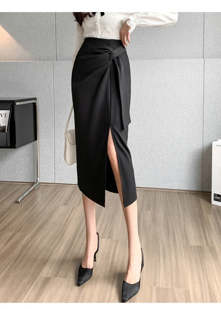 Seoulish Retro 2026 Spring Summer High Waist Mid Length Pencil Skirts Women New Office Lady Solid Color Wrapped Women's Skirts