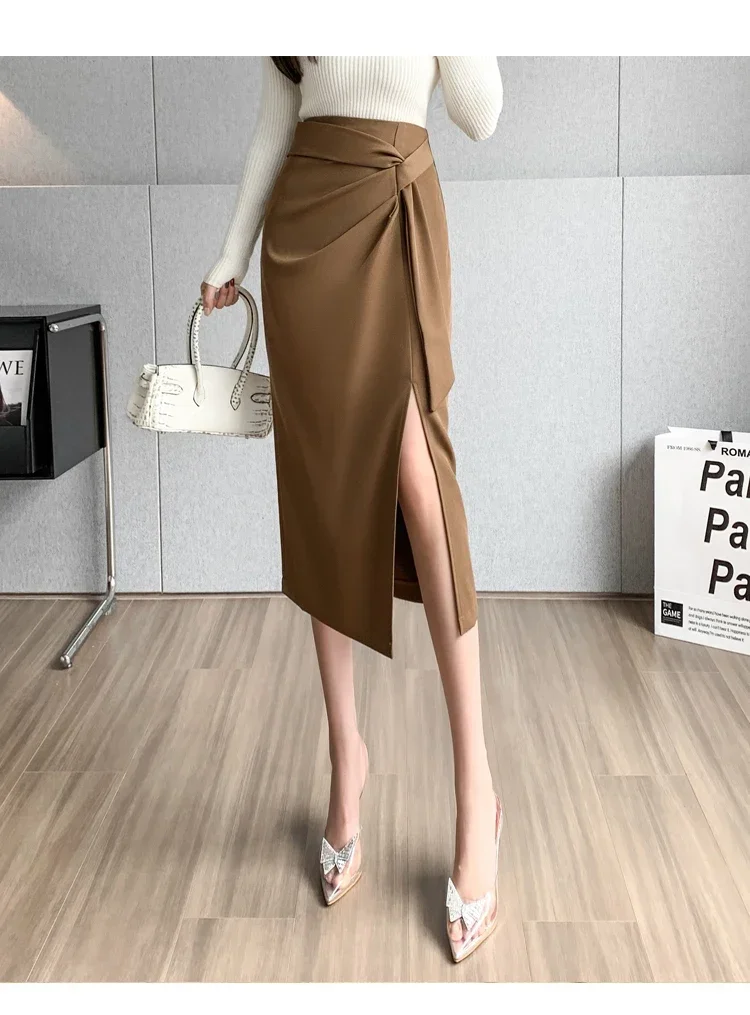 Seoulish Retro 2026 Spring Summer High Waist Mid Length Pencil Skirts Women New Office Lady Solid Color Wrapped Women's Skirts