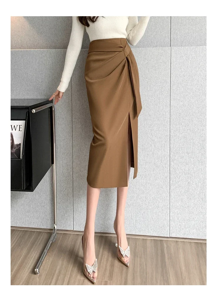 Seoulish Retro 2026 Spring Summer High Waist Mid Length Pencil Skirts Women New Office Lady Solid Color Wrapped Women's Skirts