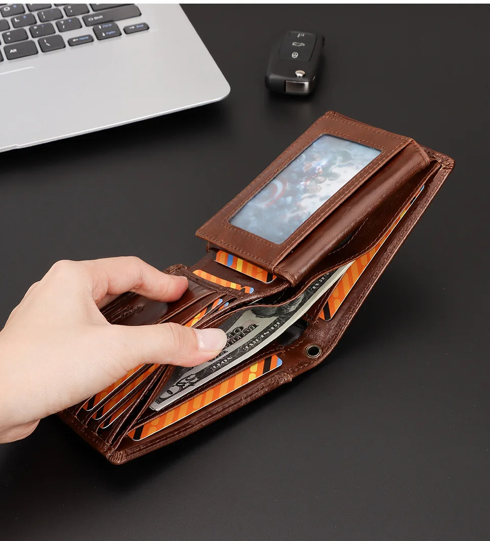 KAVIS 100% Genuine Leather Short Purse Business RFID Protect Credit Card Holder Clutch For Men With Anti-theft Chain Wallet
