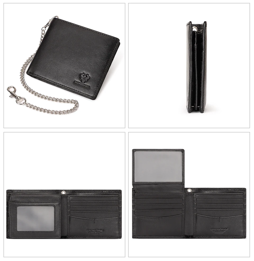 KAVIS 100% Genuine Leather Short Purse Business RFID Protect Credit Card Holder Clutch For Men With Anti-theft Chain Wallet