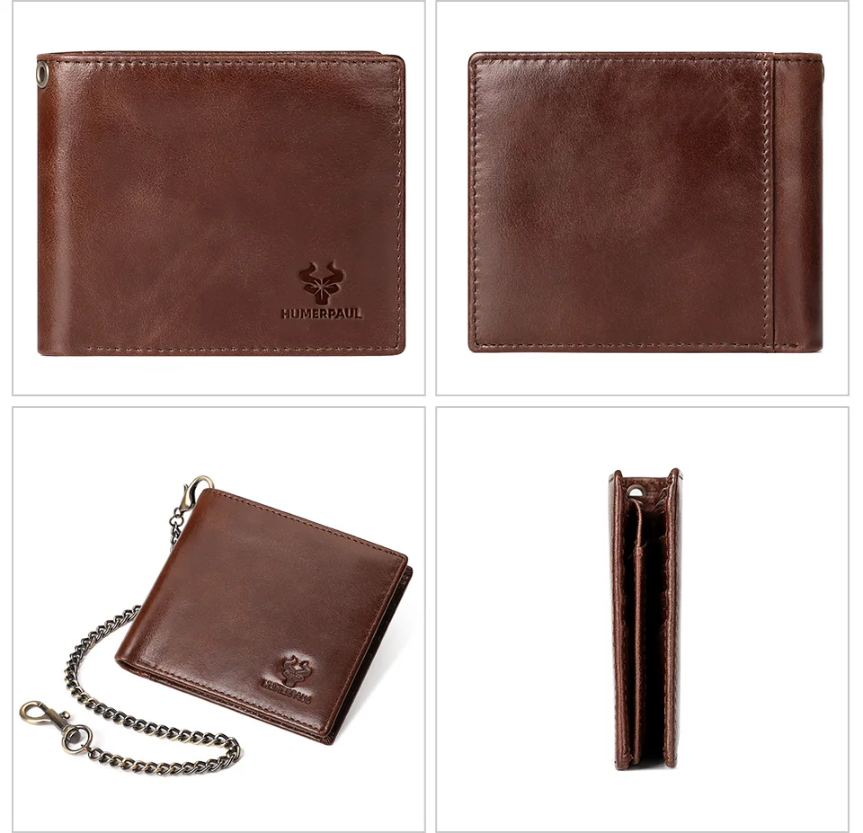 KAVIS 100% Genuine Leather Short Purse Business RFID Protect Credit Card Holder Clutch For Men With Anti-theft Chain Wallet