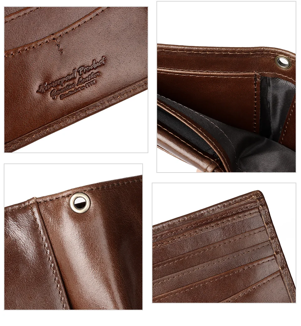 KAVIS 100% Genuine Leather Short Purse Business RFID Protect Credit Card Holder Clutch For Men With Anti-theft Chain Wallet
