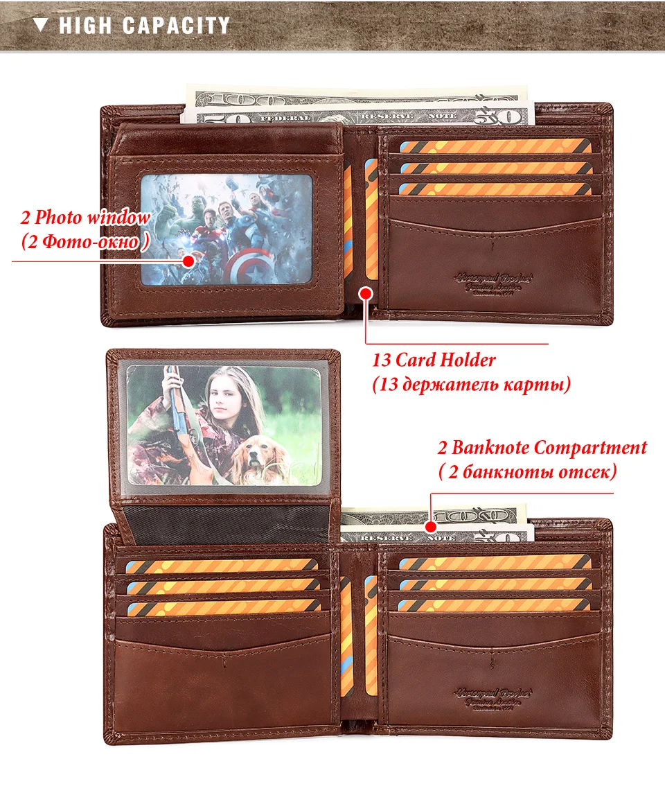 KAVIS 100% Genuine Leather Short Purse Business RFID Protect Credit Card Holder Clutch For Men With Anti-theft Chain Wallet