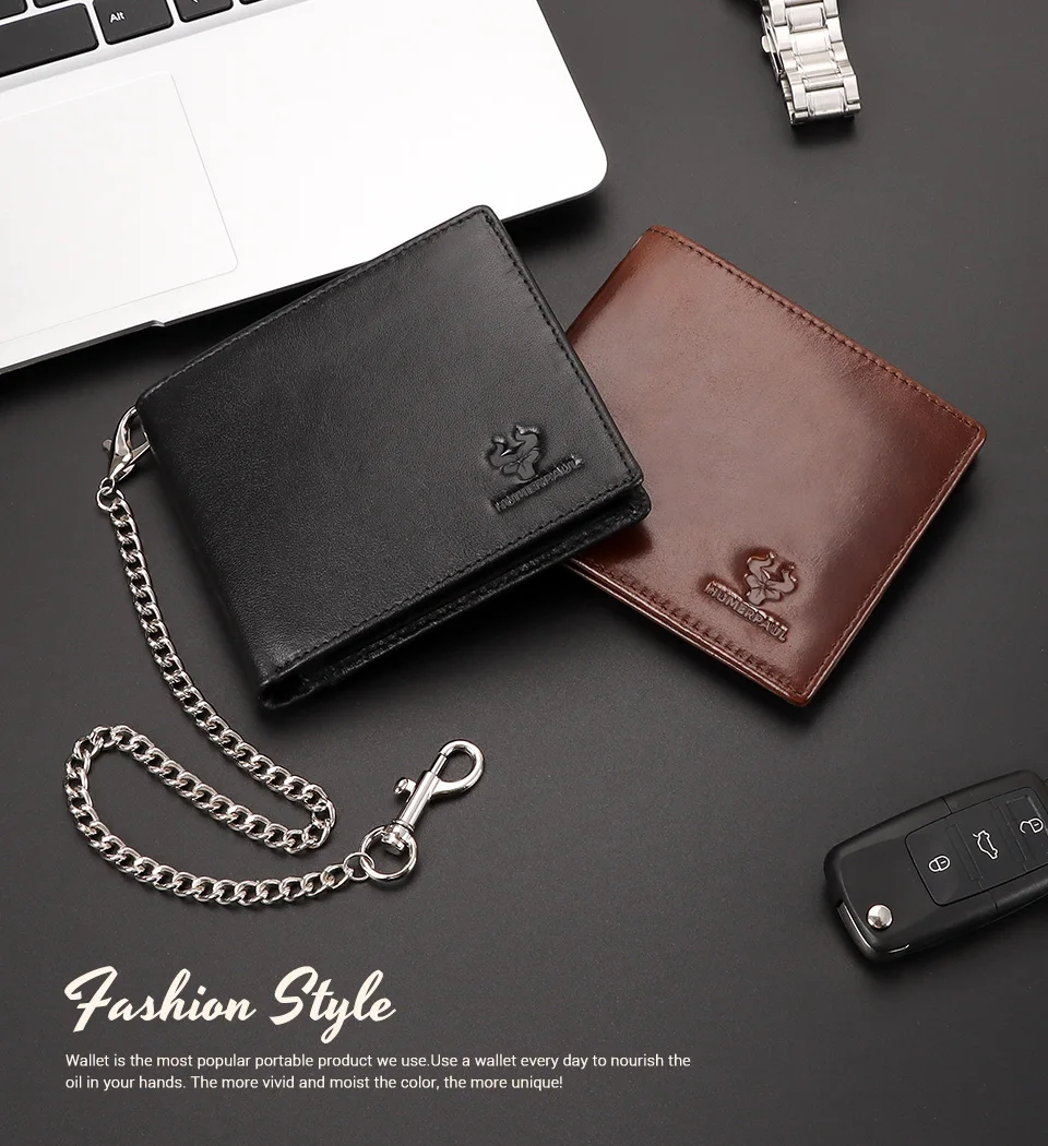 KAVIS 100% Genuine Leather Short Purse Business RFID Protect Credit Card Holder Clutch For Men With Anti-theft Chain Wallet