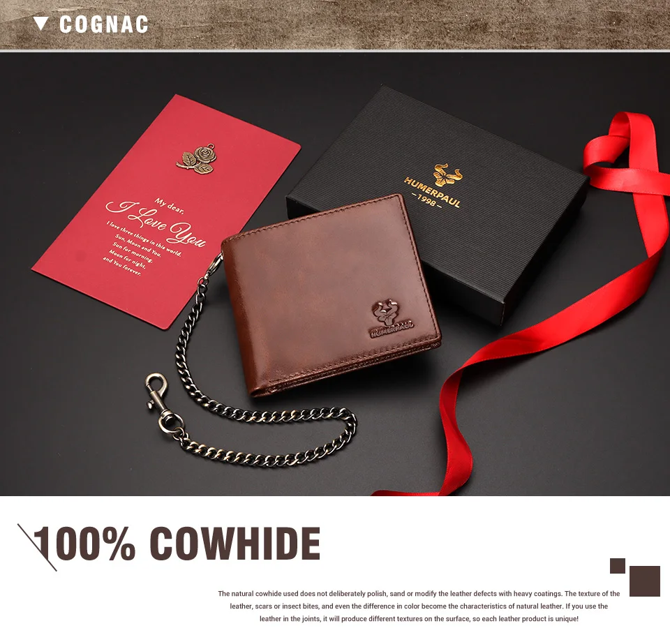 KAVIS 100% Genuine Leather Short Purse Business RFID Protect Credit Card Holder Clutch For Men With Anti-theft Chain Wallet