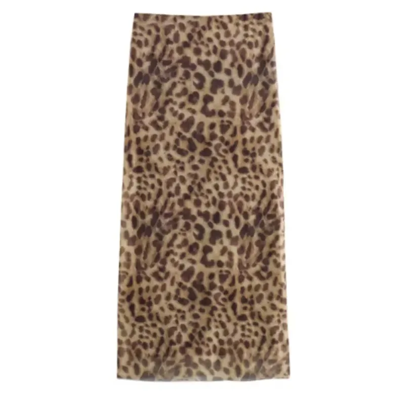 Women Leopard Tulle Midi Skirt Summer Fashion High Waist Elasticated Waistband Long Skirts Streetwear