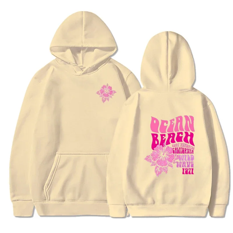 Women Fashion Casual Hoodies Ocean Beach Flower Slogan Front Back Pink Sweatshirts Beach Aesthetic Pullover Hoodie Trip Tops