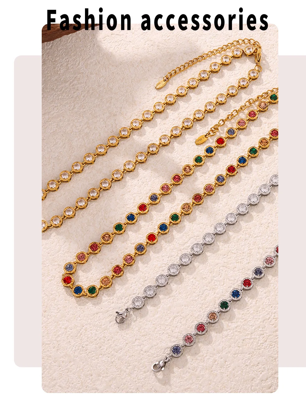 Stainless Steel Necklace Bracelets for Women Tennis Chain Colorful Stones Zircon Inlaid Gold Plated Waterproof Jewelry Gift