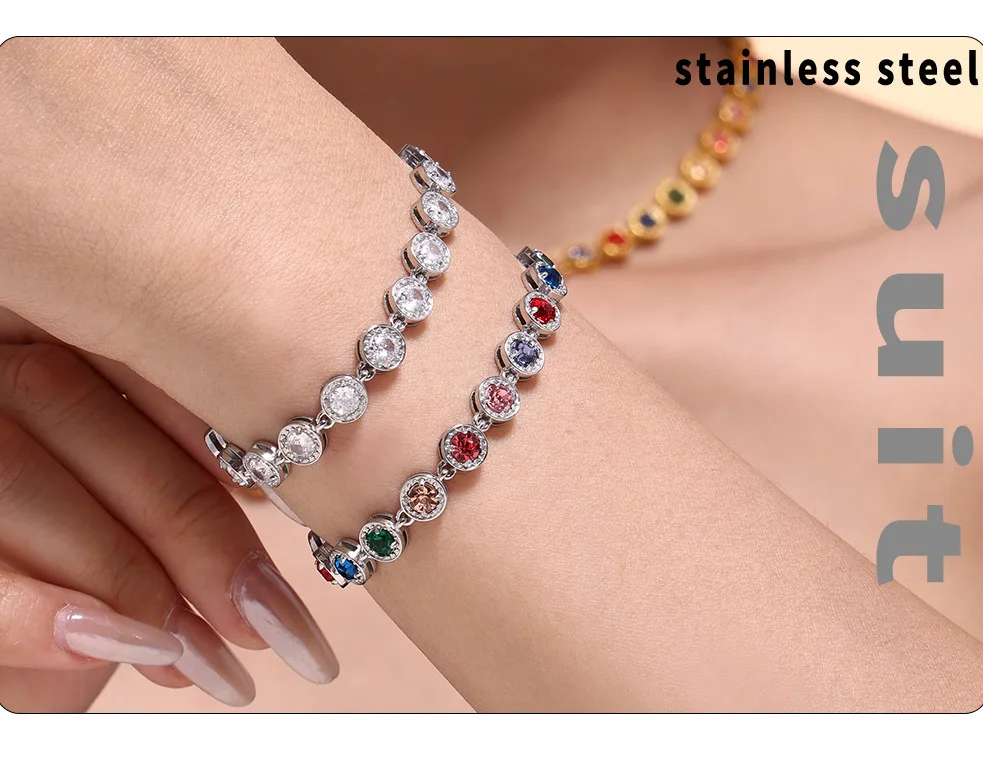 Stainless Steel Necklace Bracelets for Women Tennis Chain Colorful Stones Zircon Inlaid Gold Plated Waterproof Jewelry Gift
