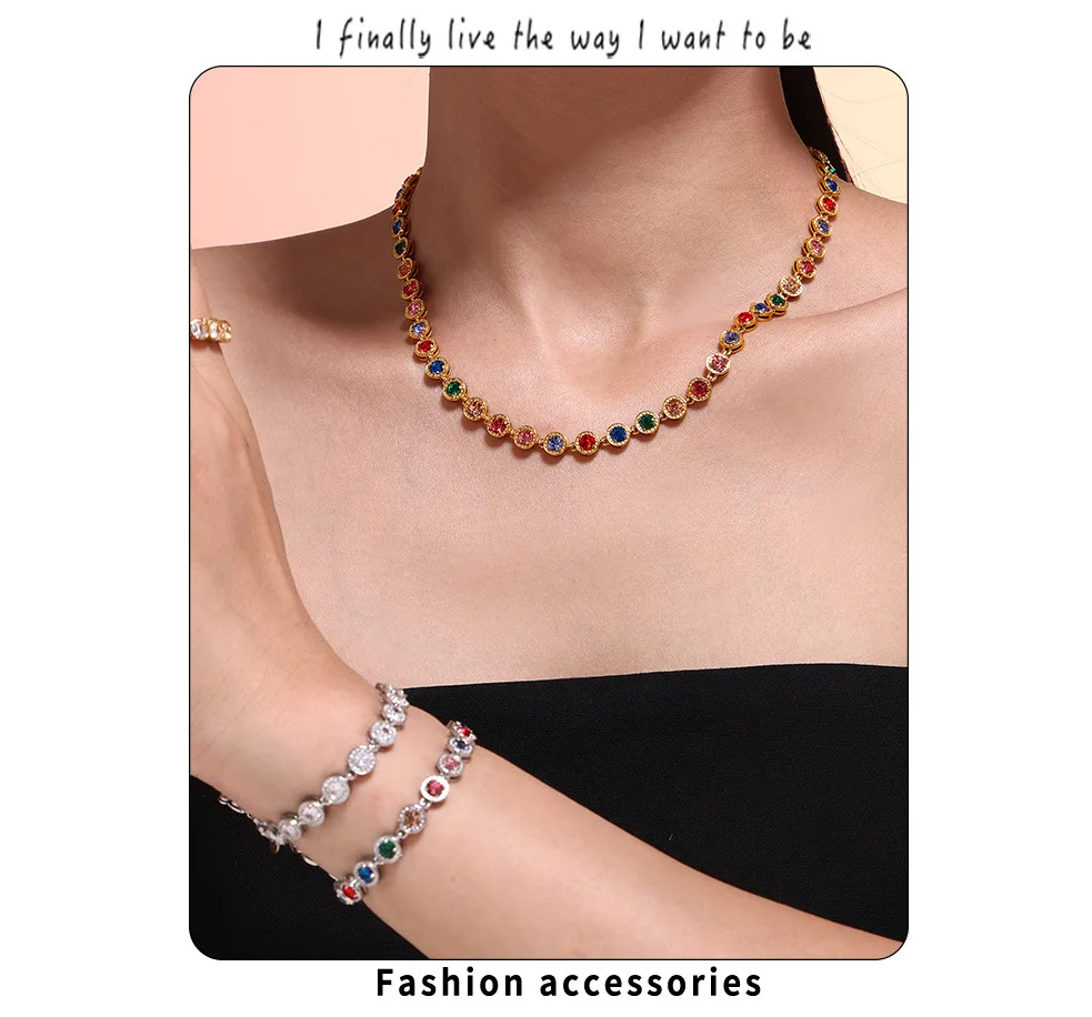 Stainless Steel Necklace Bracelets for Women Tennis Chain Colorful Stones Zircon Inlaid Gold Plated Waterproof Jewelry Gift