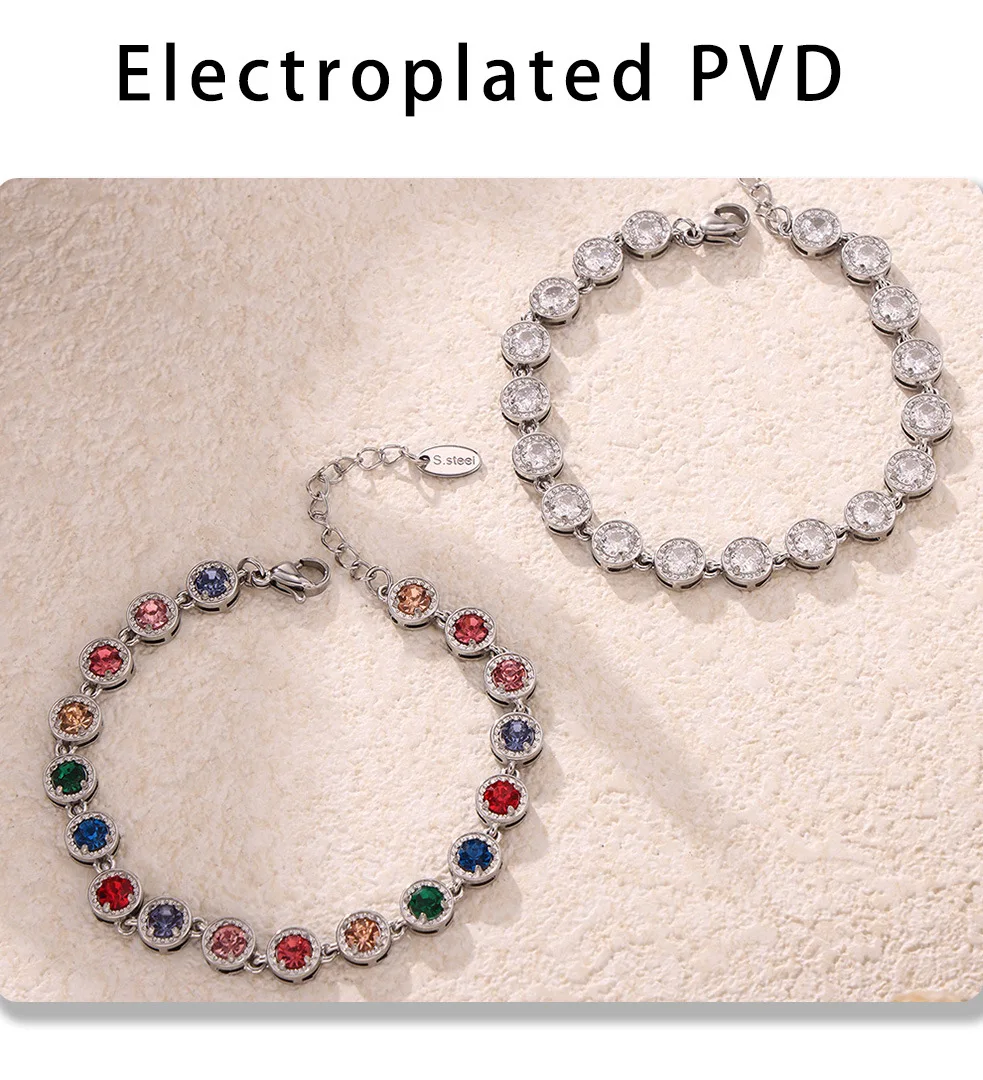 Stainless Steel Necklace Bracelets for Women Tennis Chain Colorful Stones Zircon Inlaid Gold Plated Waterproof Jewelry Gift