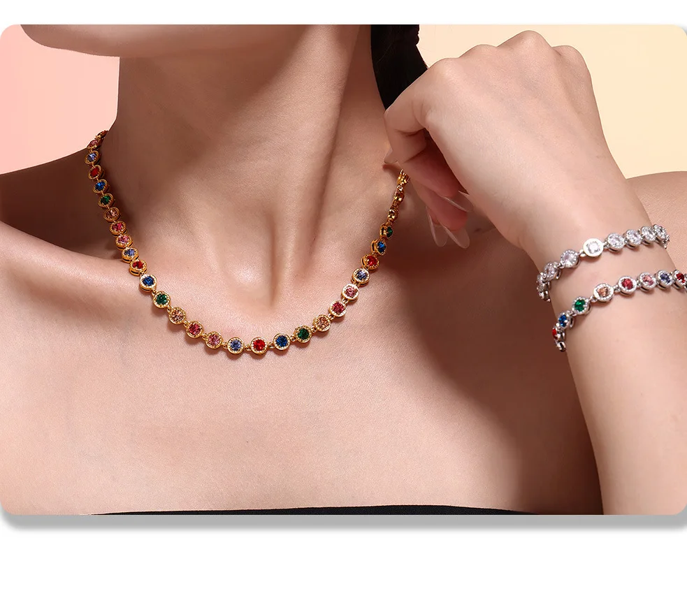 Stainless Steel Necklace Bracelets for Women Tennis Chain Colorful Stones Zircon Inlaid Gold Plated Waterproof Jewelry Gift