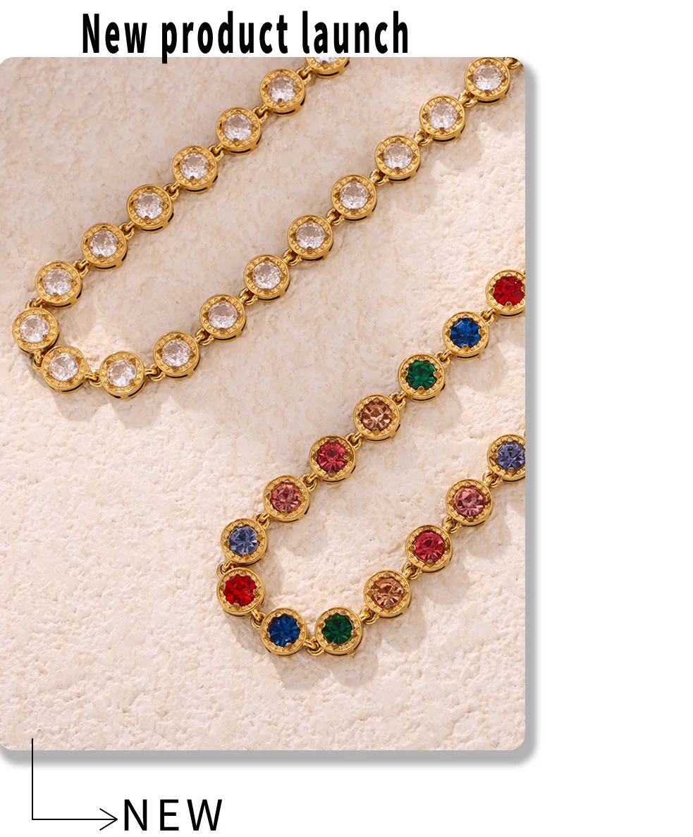 Stainless Steel Necklace Bracelets for Women Tennis Chain Colorful Stones Zircon Inlaid Gold Plated Waterproof Jewelry Gift