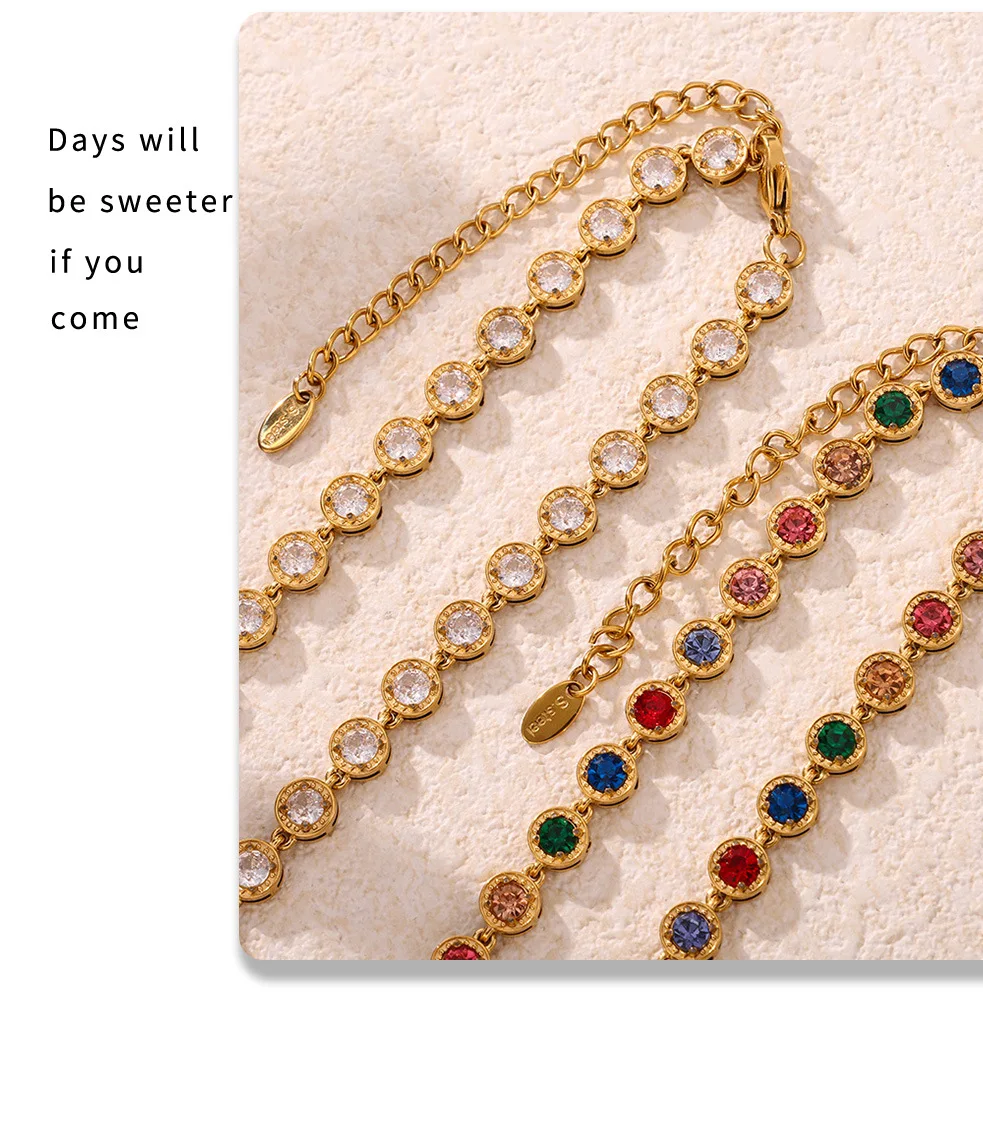 Stainless Steel Necklace Bracelets for Women Tennis Chain Colorful Stones Zircon Inlaid Gold Plated Waterproof Jewelry Gift