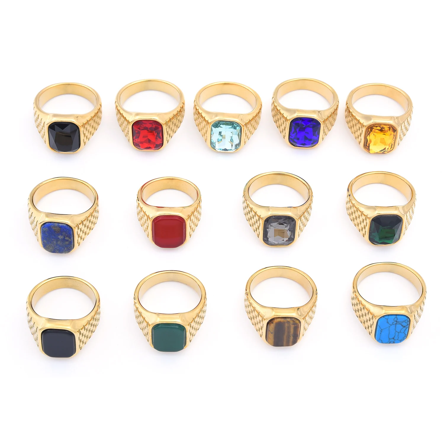 R3259 Men's High Quality 316L Stainless Steel Multi-color Gemstone Style Rings