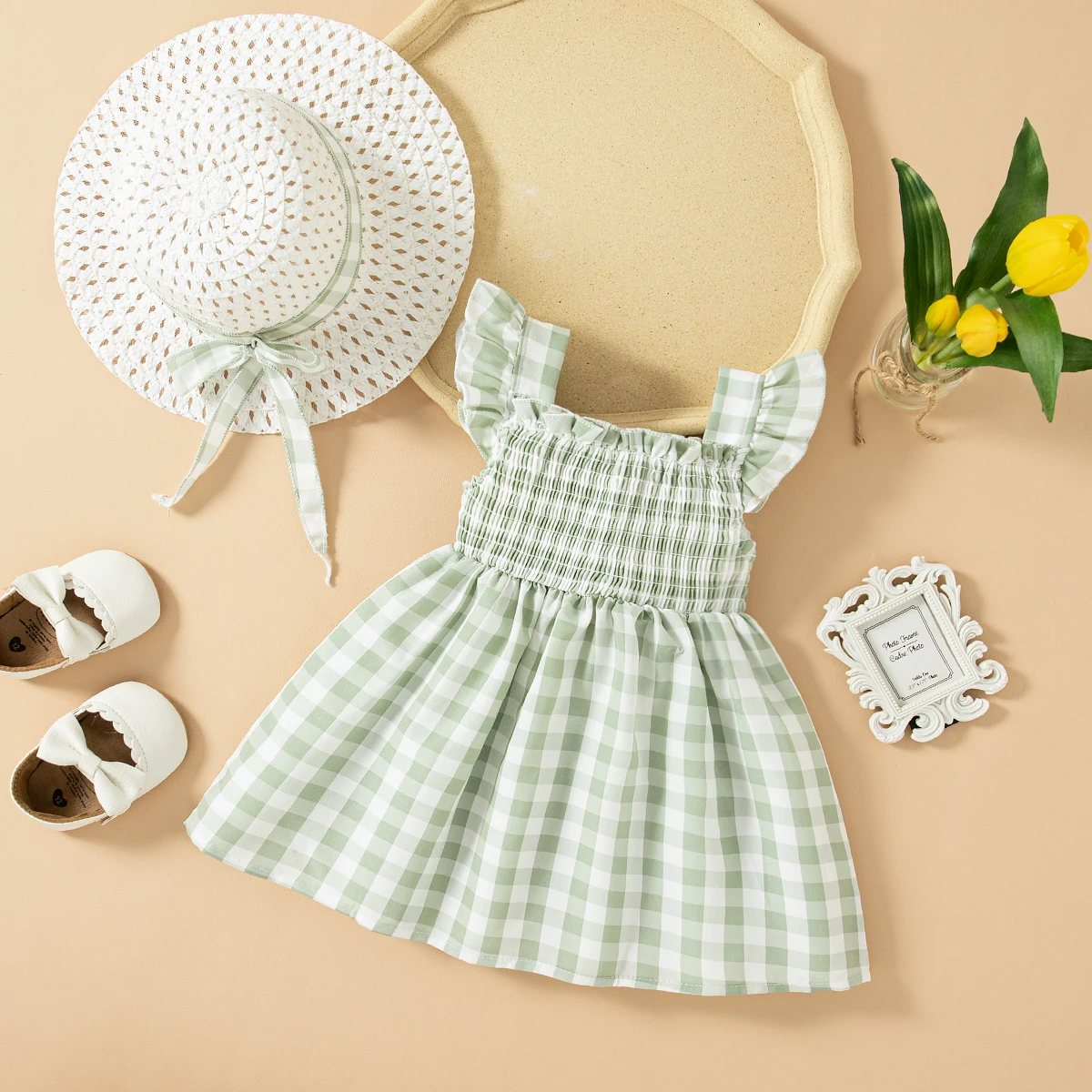 (0-3 Year Old Baby Girl Dress) Summer New Green Checkered Children'S Sleeveless Clothes With Free Hat For Beach Party