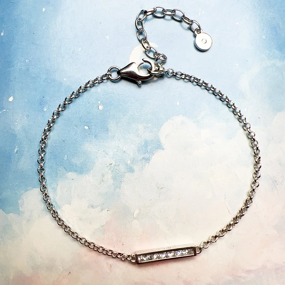 Link Chain Bracelet White ZIrcon Real 925 Sterling Silver Trendy Jewelry Europe Women Gift