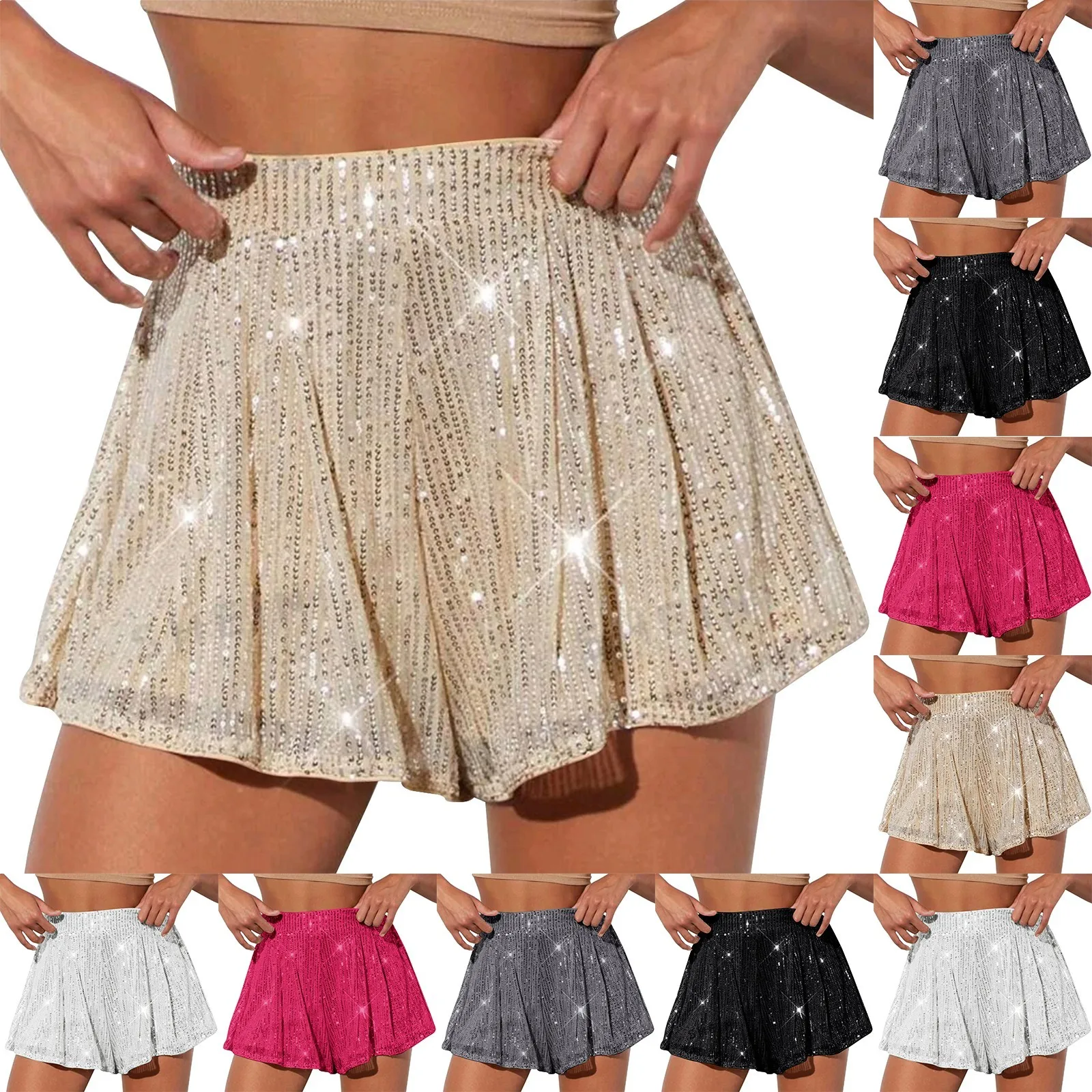 Women's Solid-color Casual High-waisted Sparkly Shorts Casual Fashion shiny sequin short pants Clubwear Glitter Shorts Hot Pants