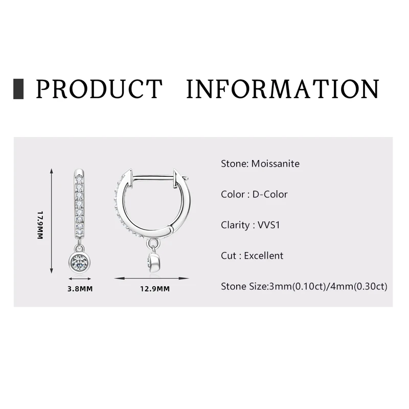 Lnngy 3mm 4mm Bezel Moissanite Drop Earrings Brinco Prata 925 Sterling Silver Earring For Women Girls Pendant Jewelry Gift