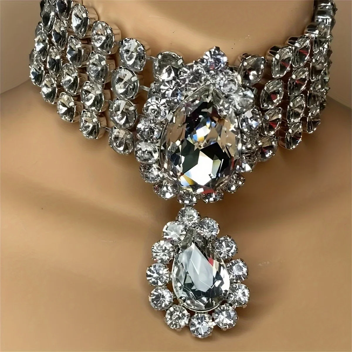 Rhinestone Multilayered Large Water Drop Dangle Necklace for Women Exaggerated Party Queen Necklace Jewelry Accessories Gifts