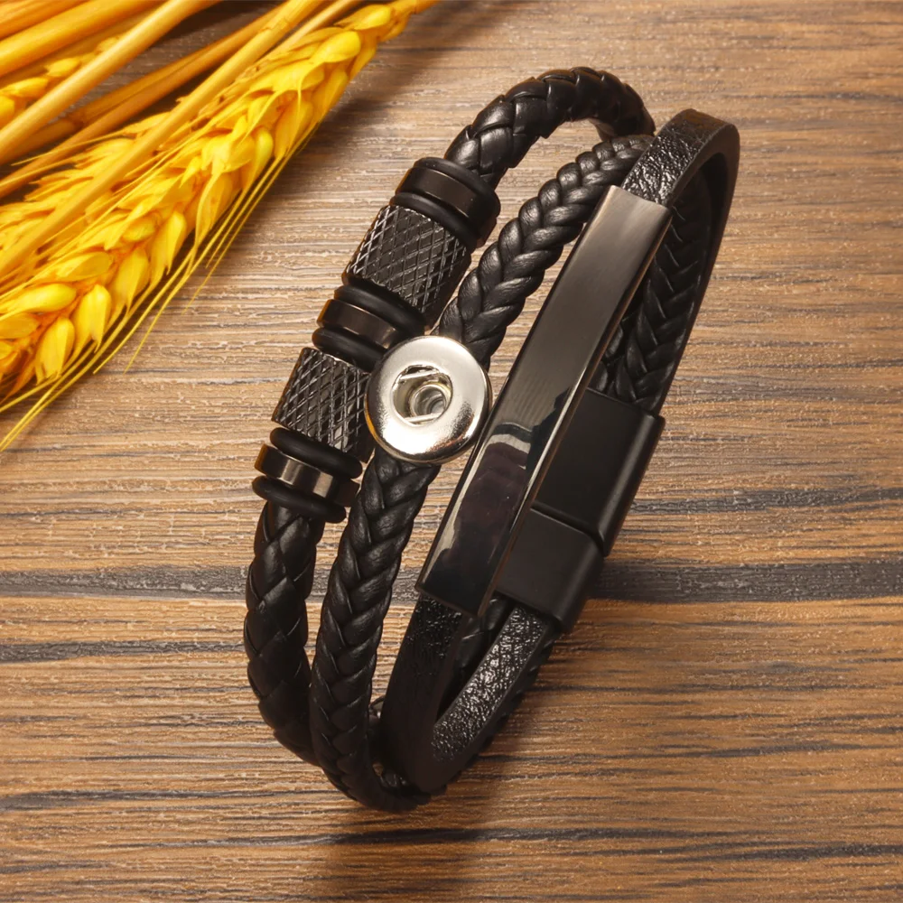 Fashion Geometry Punk Rock 026 Pu Leather Fit 12mm 18mm Snap Button Bangle Bracelet Charm Jewelry For Women Men