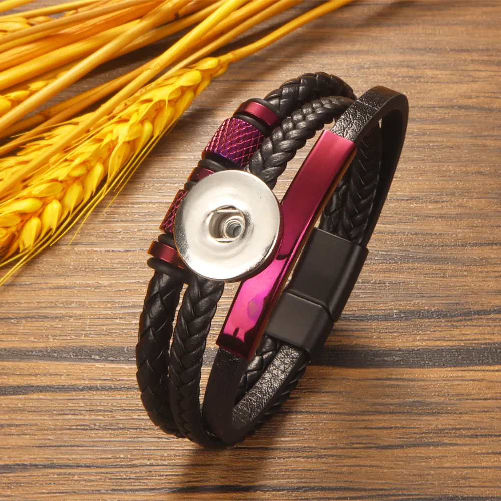 Fashion Geometry Punk Rock 026 Pu Leather Fit 12mm 18mm Snap Button Bangle Bracelet Charm Jewelry For Women Men