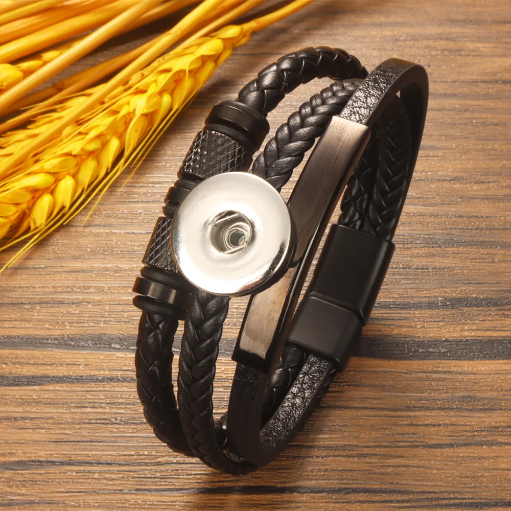 Fashion Geometry Punk Rock 026 Pu Leather Fit 12mm 18mm Snap Button Bangle Bracelet Charm Jewelry For Women Men