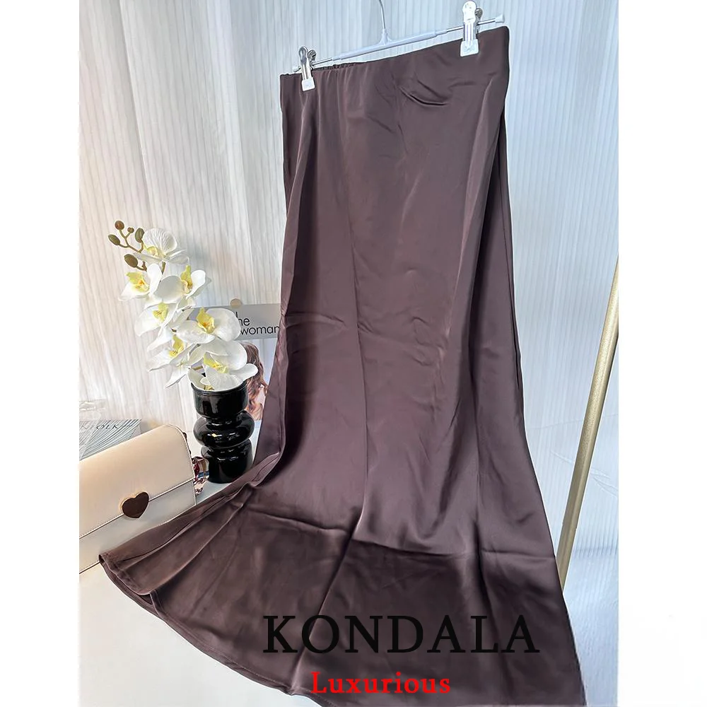 KONDALA Vintage Casual Brown Satin Long Skirts Women High Waist Elastic Straight Mocha Mousse Skirts Fashion 2025 Elegant Skirts