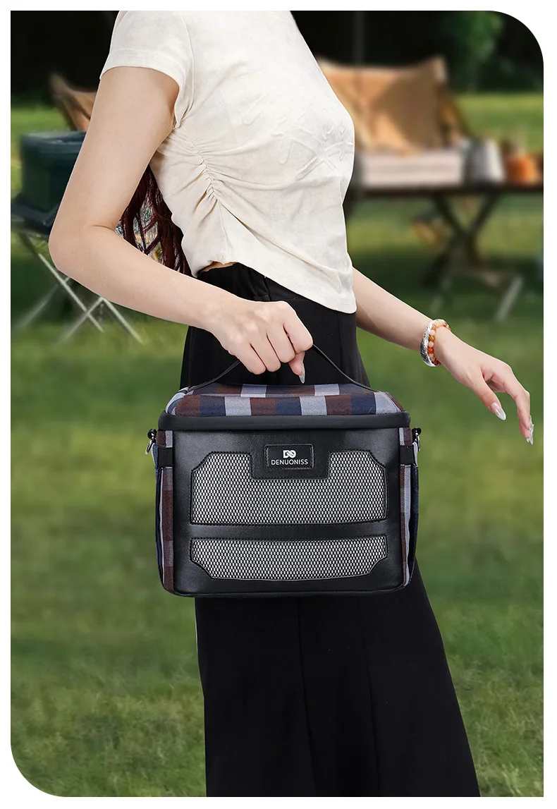 DENUONISS New Plaid Insulated Bag Double Insulated Cold Bag Large Capacity Mesh Lunch Bag