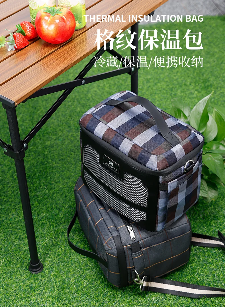 DENUONISS New Plaid Insulated Bag Double Insulated Cold Bag Large Capacity Mesh Lunch Bag