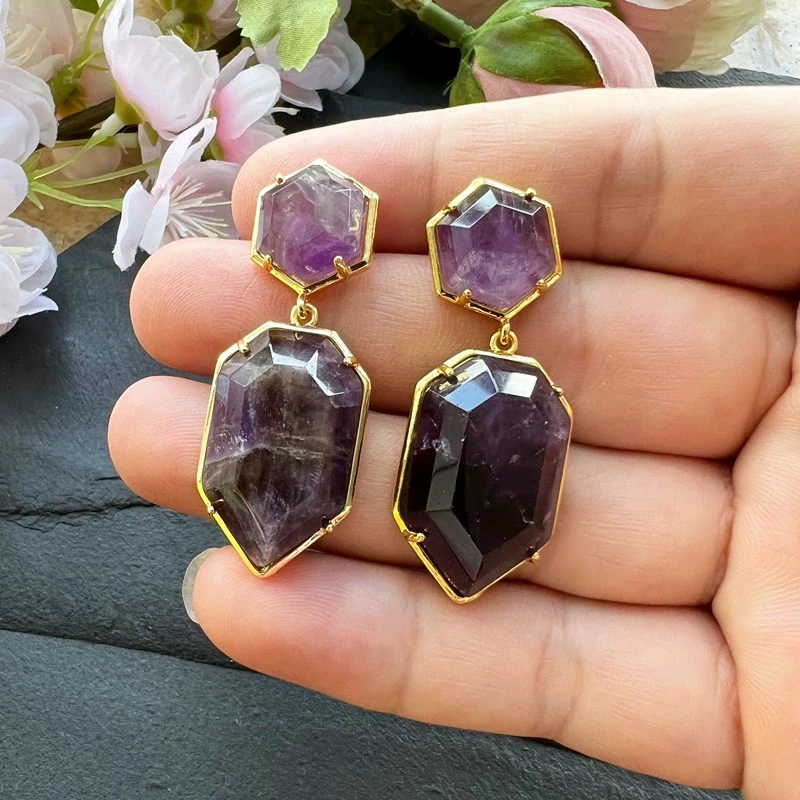 18X45mm Women Stud Earring Geometric Gems Jewelry Double Side Faceted HexagSword Tip on Natural Stone Labradorite Earring