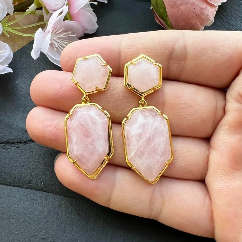 18X45mm Women Stud Earring Geometric Gems Jewelry Double Side Faceted HexagSword Tip on Natural Stone Labradorite Earring
