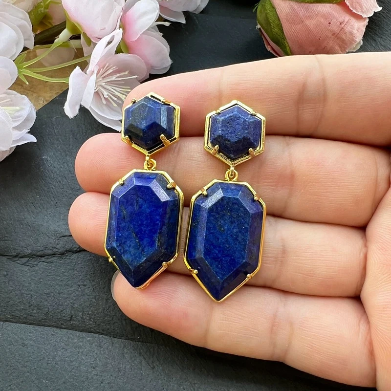 18X45mm Women Stud Earring Geometric Gems Jewelry Double Side Faceted HexagSword Tip on Natural Stone Labradorite Earring