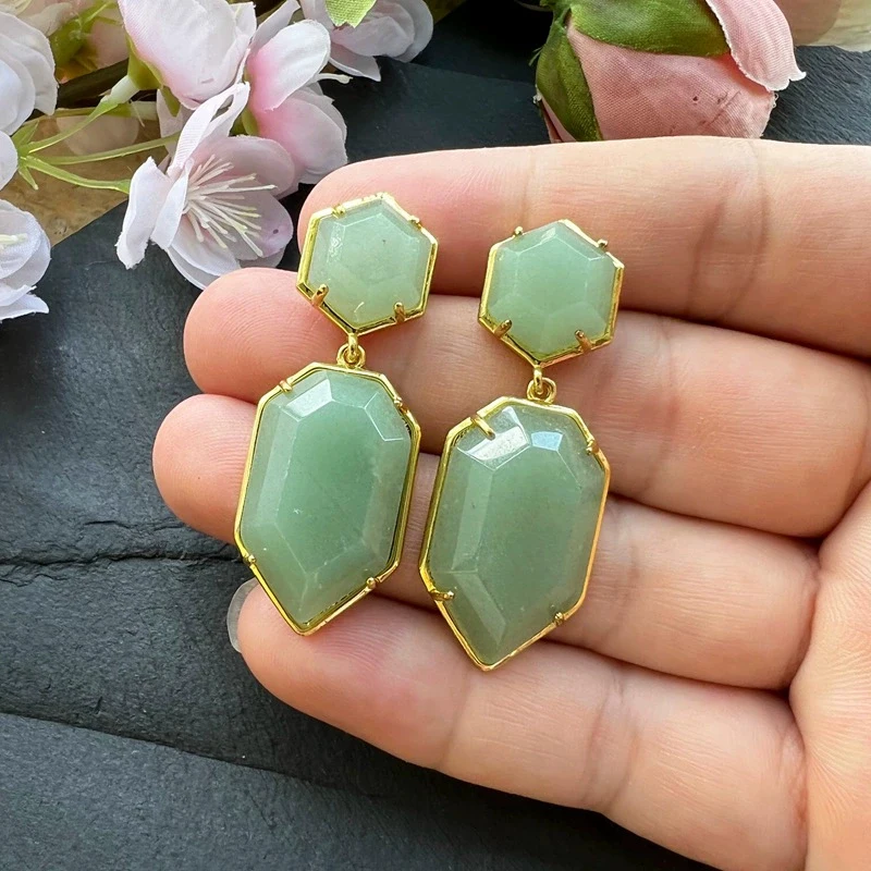 18X45mm Women Stud Earring Geometric Gems Jewelry Double Side Faceted HexagSword Tip on Natural Stone Labradorite Earring