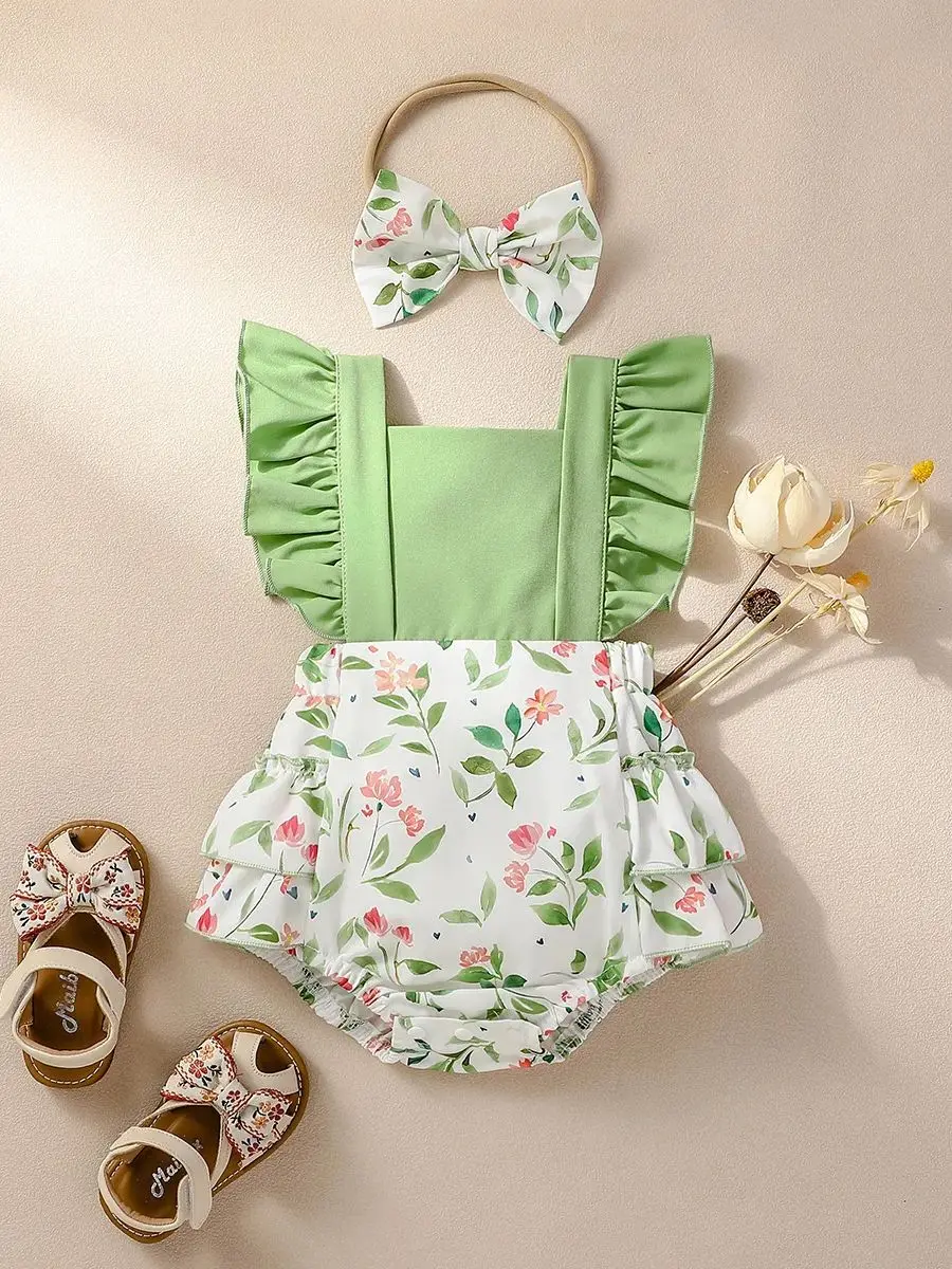 2PCS Baby Girls Sleeveless Print Flower Rompers for 0-1Y Baby Newborn Items Casual Jumpsuit + Headband