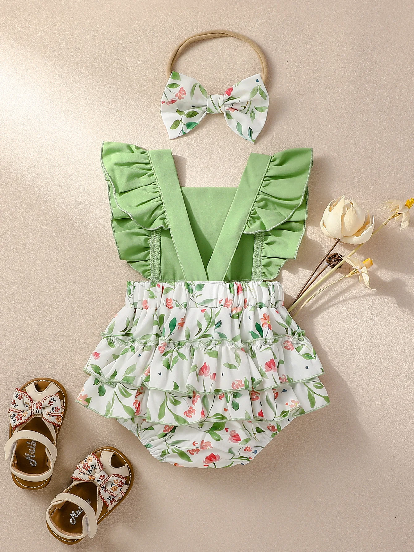 2PCS Baby Girls Sleeveless Print Flower Rompers for 0-1Y Baby Newborn Items Casual Jumpsuit + Headband