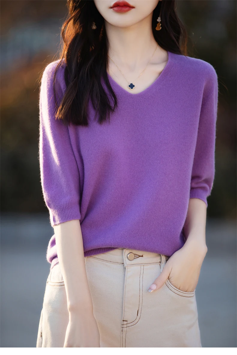 Basics Summer Women Knitwear Merino Wool V-Neck T Shirt Half Sleeve Clothing Tops Solid Pullover Casual Female Tees Outerwear