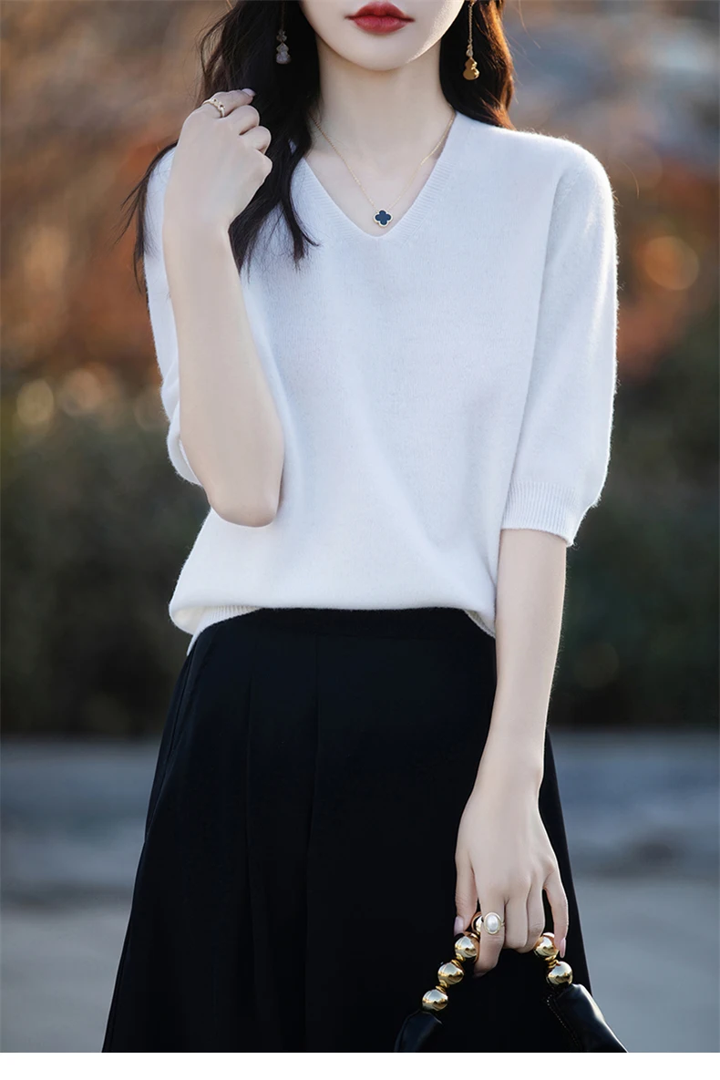 Basics Summer Women Knitwear Merino Wool V-Neck T Shirt Half Sleeve Clothing Tops Solid Pullover Casual Female Tees Outerwear