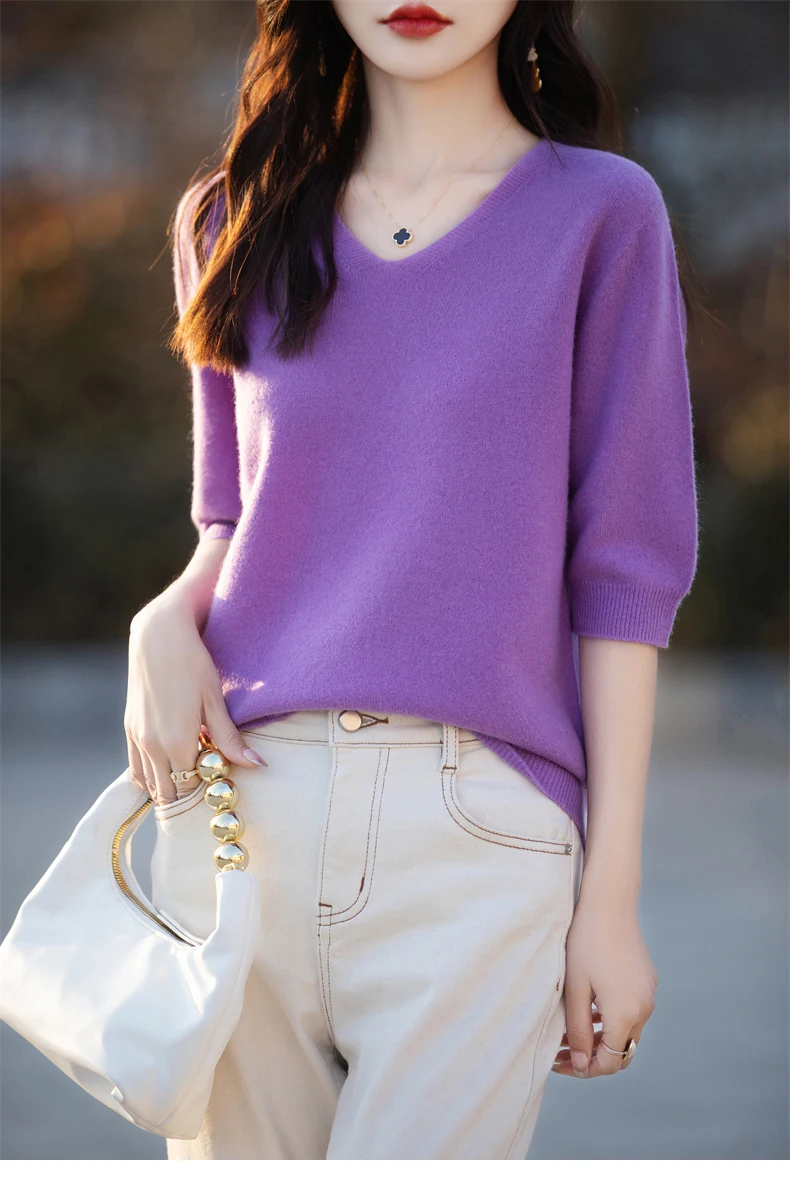 Basics Summer Women Knitwear Merino Wool V-Neck T Shirt Half Sleeve Clothing Tops Solid Pullover Casual Female Tees Outerwear