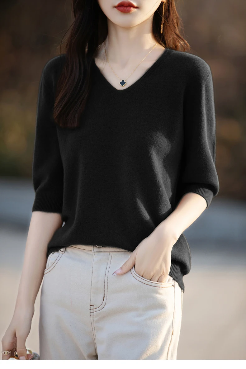 Basics Summer Women Knitwear Merino Wool V-Neck T Shirt Half Sleeve Clothing Tops Solid Pullover Casual Female Tees Outerwear