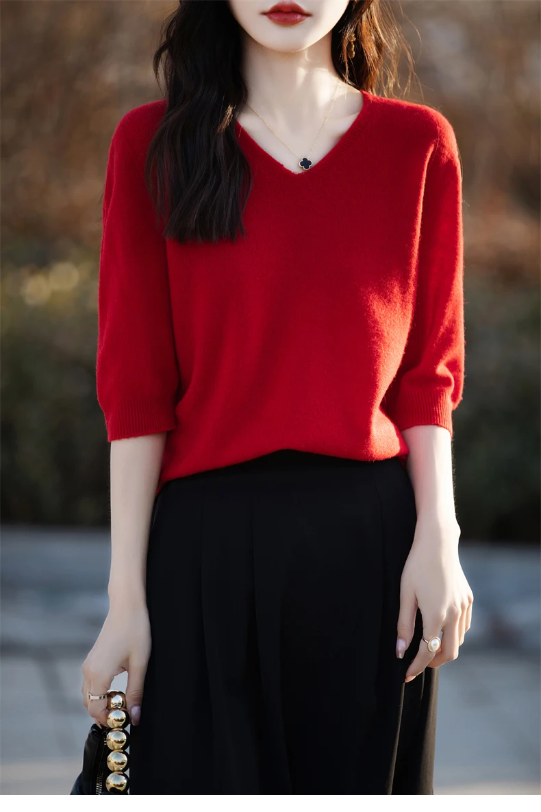 Basics Summer Women Knitwear Merino Wool V-Neck T Shirt Half Sleeve Clothing Tops Solid Pullover Casual Female Tees Outerwear